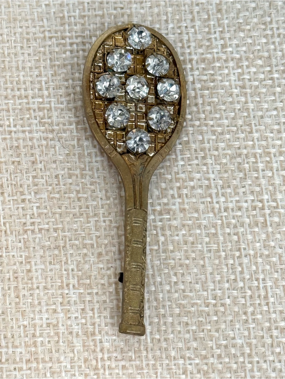 Vintage Tennis Racket Rhinestone Brooch Pin Gold Tone Retro Sports Jewelry